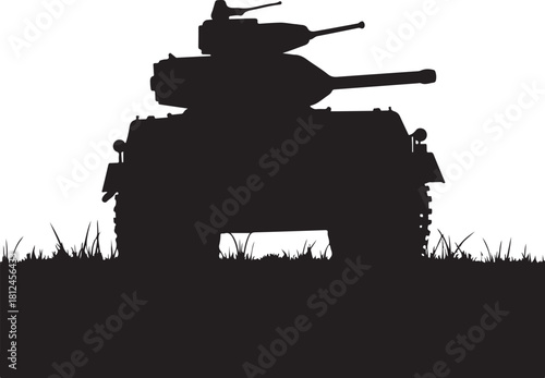 Black silhouette of a military tank on grass white