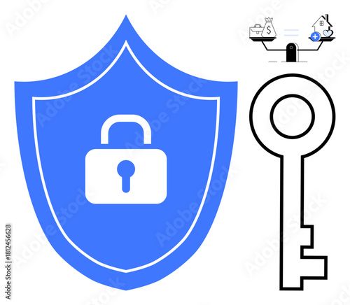 Cybersecurity concept. Blue shield with lock symbol, key graphic, and financial icons emphasizing security measures and data protection. Cybersecurity for online safety, encryption, financial