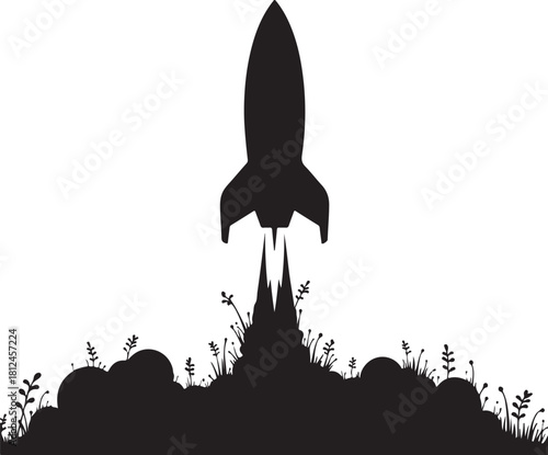 Black silhouette of a rocket launching from a grassy hill