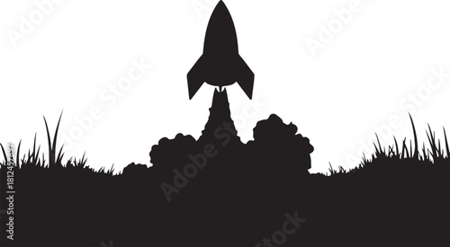 Black silhouette of a rocket launching from grassy ground