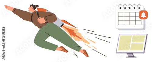 Woman with rocket backpack flying toward success with a calendar and a computer screen. Ideal for productivity, business growth, planning, entrepreneurship, time management, motivation