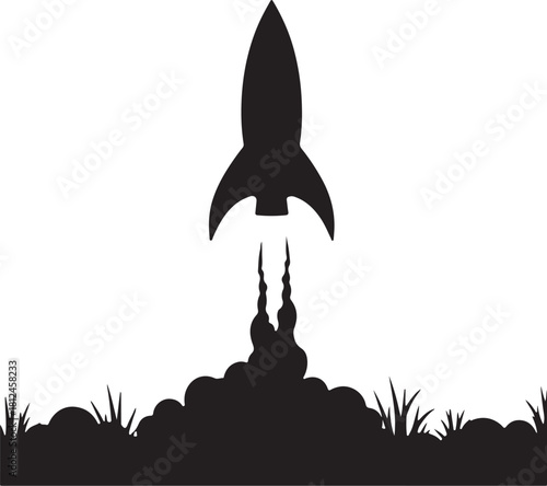 Black silhouette of a rocket launching with smoke and grass