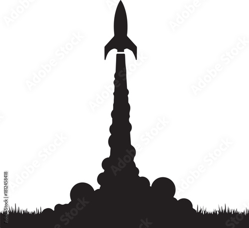 Black silhouette of a rocket launching with smoke and grass