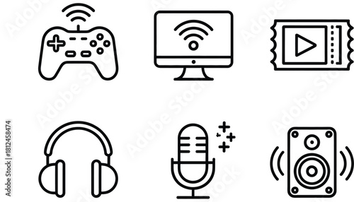 Gaming Icons Collection Including Controller, Monitor, Ticket, Headphones, Microphone and Speaker Featuring Entertainment, Digital Media and Communication Related Design Elements