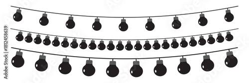 String light silhouettes, hanging bulbs with filaments, festive decoration vector illustration set, holiday ambiance artwork, party graphic design elements, celebration icons collection.