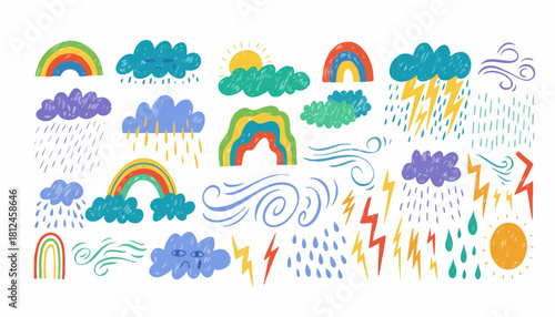 Colorful Weather Icons Set Rainbows, Clouds, Rain, Sun, Lightning, and Wind for Design