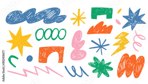 Abstract shapes and doodle elements in vibrant colors, perfect for graphic design and artistic projects