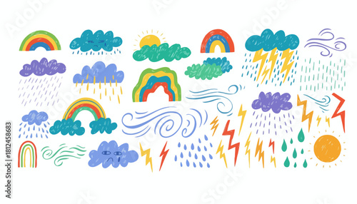 Collection of weather-related illustrations including rainbows, sun, clouds, rain, and lightning, rendered in a playful, hand-drawn style