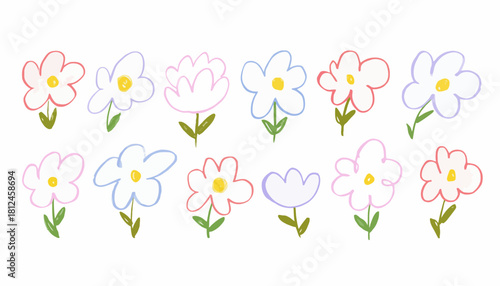 A charming collection of cute hand-drawn pastel flowers in a naive and whimsical doodle style, isolated vector illustration set