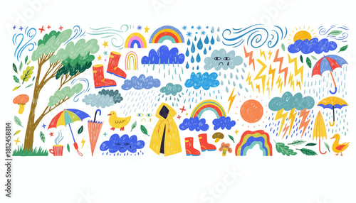 Rainy Day Doodle Cheerful Weather Icons Featuring Clouds, Rainbows, and Playful Elements