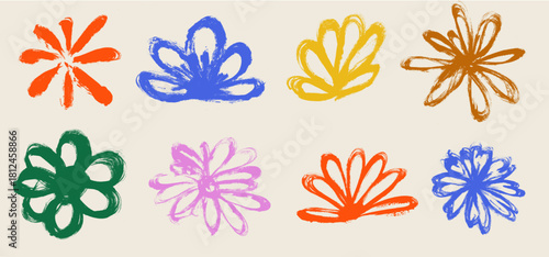 Grunge Flower Bud Drawing Brush Stroke Vector Set