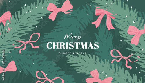 Hand-drawn Christmas illustration featuring festive pine branches adorned with delicate pink bows, conveying a cheerful holiday greeting