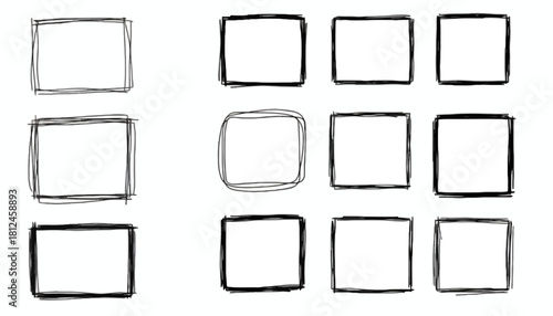 A versatile collection of hand-drawn sketchy square and rectangle frames. Isolated black and white doodle border elements for creative projects