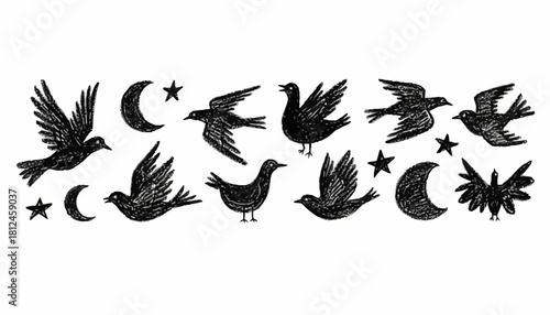 Whimsical Raven and Crescent Moon Set Hand-Drawn Silhouette Elements for Design and Decoration