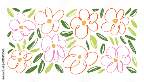 Whimsical Hand-Drawn Flowers and Leaves Illustration with a Soft Pastel Color Palette