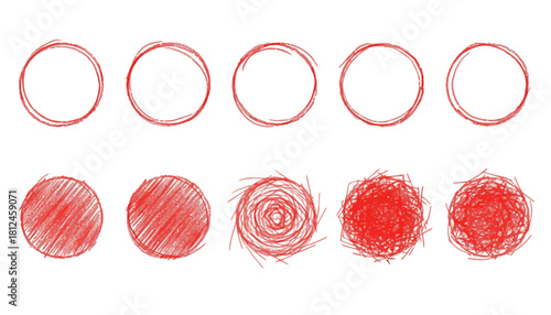 Set of red hand-drawn scribble circles and outlines, a versatile collection of artistic doodle elements. Ideal for highlighting, emphasizing, or adding a creative touch to designs