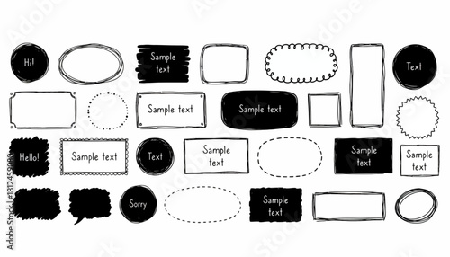 Hand-drawn speech bubbles and frames for design, a collection of unique blank templates for text and messages
