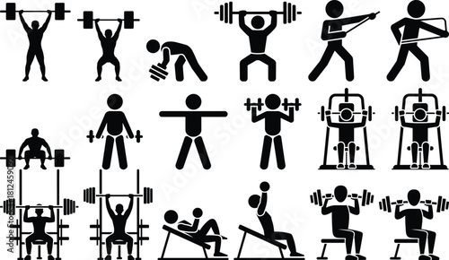 Gym workout icon set featuring various strength training exercises