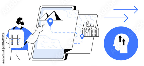 Travel concept. Travel ed through a digital map with location pins, a traveler with a backpack, and directional arrows. Travel planning, navigation, exploration. For tourism, technology navigation