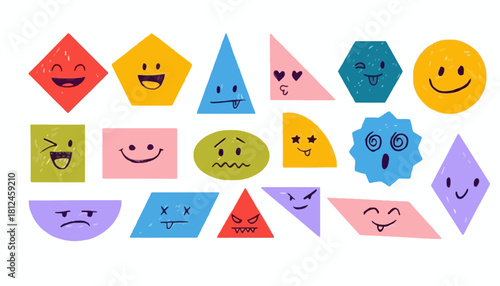 Adorable Geometric Shapes with Cute Facial Expressions - Vector Illustration