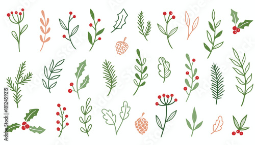 Hand-drawn winter foliage vector set. A collection of Christmas plant doodles including holly, fir sprigs, and red berries for festive holiday decoration