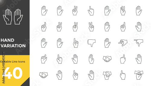 Collection of Hand Gesture Line Icons Representing Various Actions and Expressions