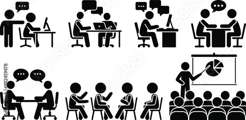 Office communication, discussion, meeting, and presentation icons