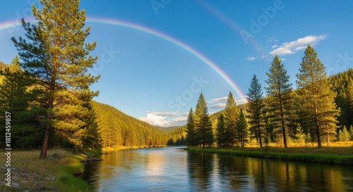 Stunning river landscape with a vibrant rainbow against a clear blue sky and evergreen forest backdrop