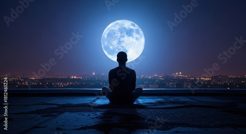 Find inner peace meditating under stunning moonlit sky overlooking city at night perfect for mindful wellness