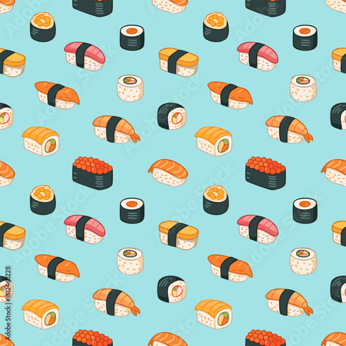 Seamless sushi pattern. Vector illustration with Japanese food – sushi rolls, nigiri, maki, salmon, shrimp, caviar. Cute colorful Asian cuisine background for packaging, fabric, wallpaper, menu design