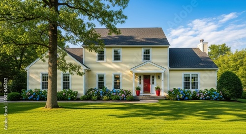 Dreamy suburban home on manicured lawn bathed in summer sunlight ready for family memories and real estate dreams