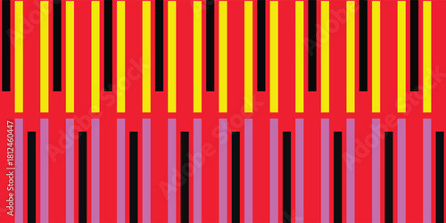 Red background with vertical bars in yellow black and purple