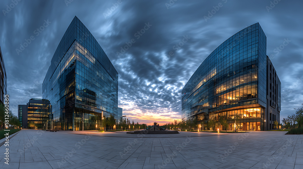 Obraz premium Modern glass office buildings at dusk with illuminated windows and dramatic sky modern architecture