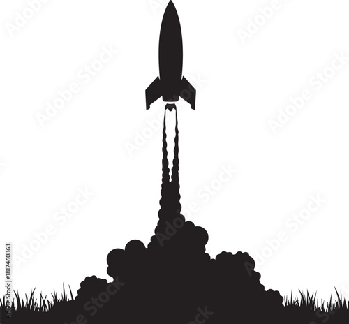 Black silhouette of rocket launching from grassy ground