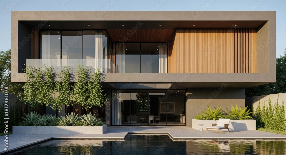 Fototapeta premium Stunning modern home with pool offers luxury living and outdoor relaxation for design inspiration and real estate appeal