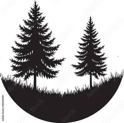 Black silhouette of two pine trees on grassy hill evergreen