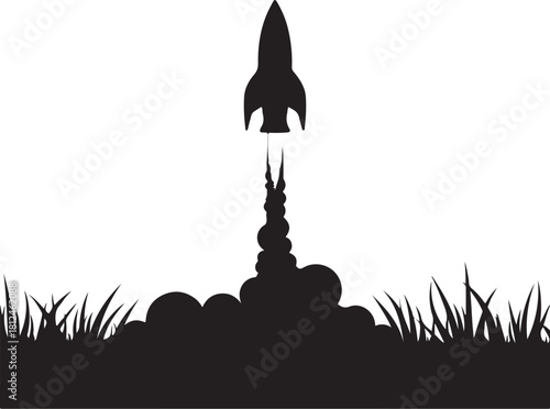 Black silhouette rocket launching from grassy ground