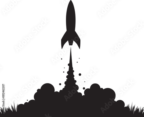 Black silhouette rocket launching with smoke and grass