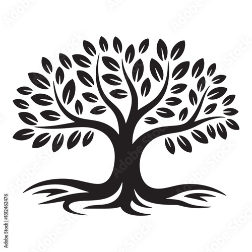 Black stylized tree with spreading branches and roots on white background silhouette