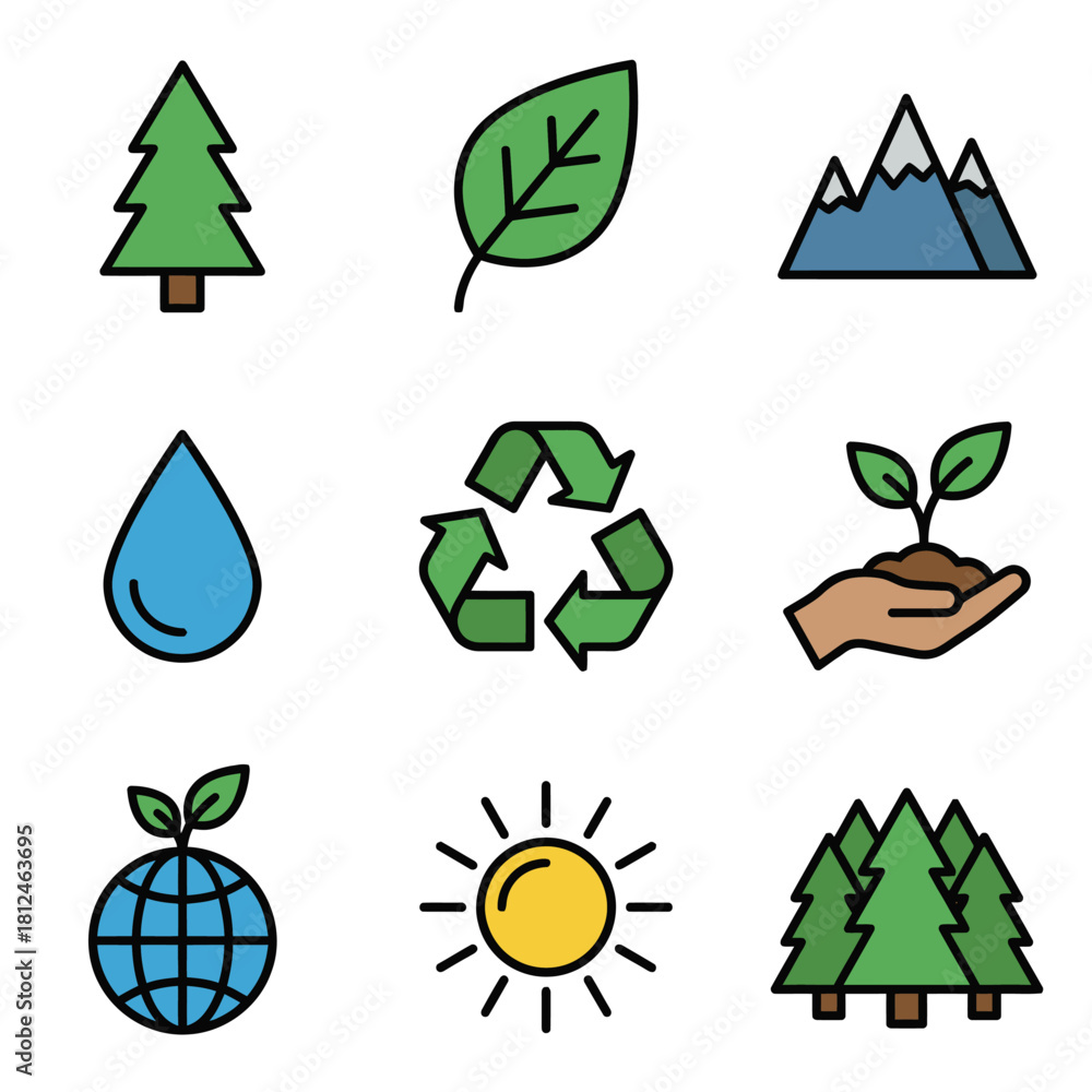 Obraz premium A vibrant collection of ecological icons illustrating environmental protection, sustainable practices, and the beauty of the natural world, perfect for projects promoting green living and conservation
