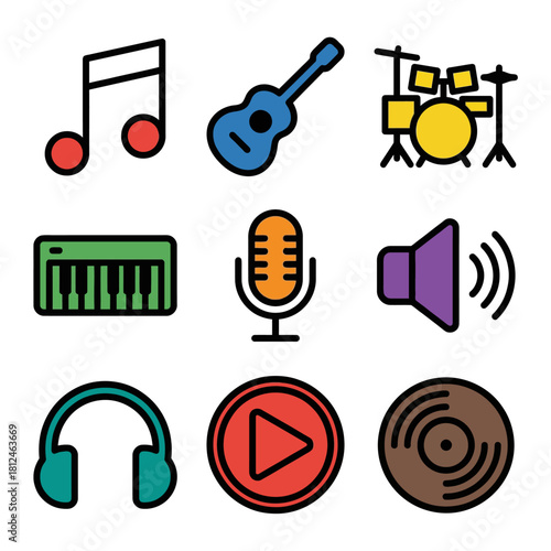 Collection of musical instrument and audio equipment icons for digital and print media