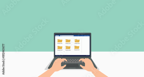 Employee data folder laptop screen hand typing office table