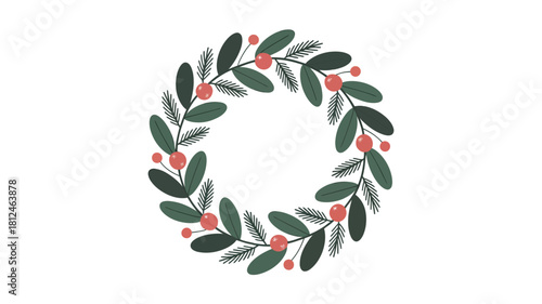 Minimal modern Christmas wreath with green leaves, red berries, clean vector style, soft holiday colors, centered on pure white background