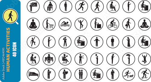 Collection of 40 human activity icons in circular silhouettes featuring men and women walking, running, working, cooking, yoga, meditation, shopping, photography, sports, business and daily lifestyle
