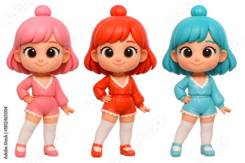 Three Cute Chibi Girls with Coordinated Outfits and Lovely Kawaii Characters for Digital Design Packs.eps