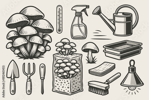 Mushroom Growing Tools & Cultivation Kit Illustrations