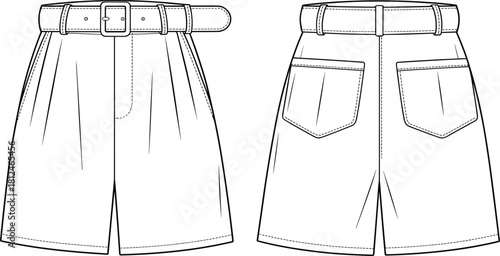 High waist belted shorts technical fashion sketch, front and back garment template, detailed clothing outline for designers, flat vector illustration