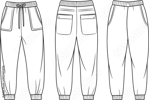 Modern jogger pants technical sketch, detailed front back side view trousers template, fashion design outline for apparel creators, flat vector illustration