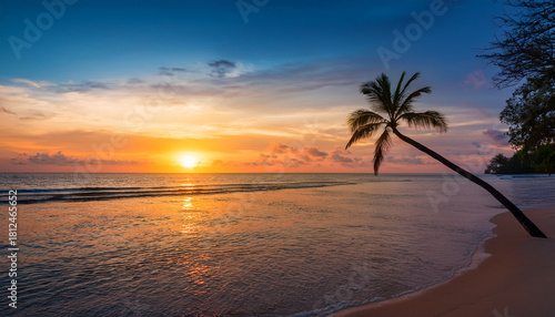 Stunning Tropical Beach Scene With Solitary Palm Tree At Sunset Over Calm Ocean With Colorful Sky