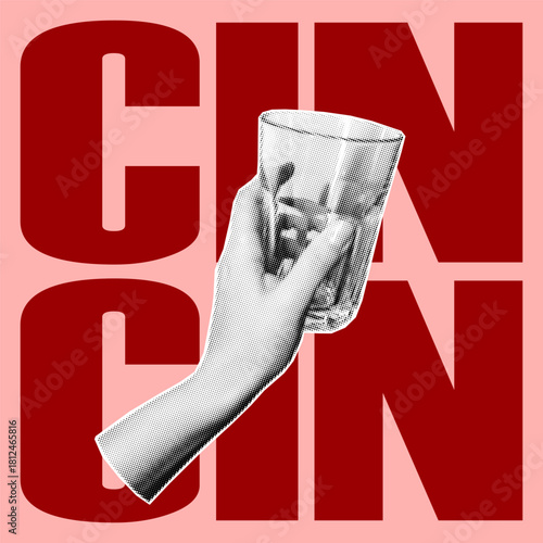 Halftone collage hand holding a glass for festive greeting card. Holiday party moment and celebratory toast. Vector element for invitation banner and New Year design.